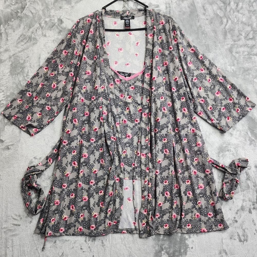 Rene Rofe Robe Womens XL Gray Pink Floral Lace Kimono Cami Top Lounge Casual 2pc